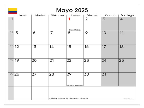 Calendario da stampare, maggio 2025, Colombia (LD)
