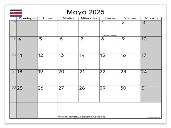 Calendario da stampare, maggio 2025, Costa Rica (DS)