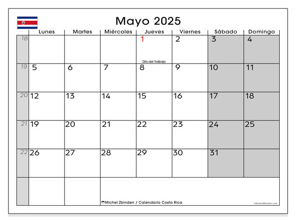 Kalender til udskrivning, maj 2025, Costa Rica (LD)
