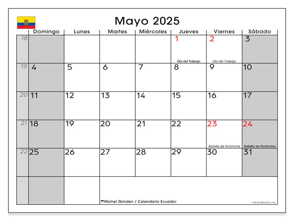 Kalender for utskrift, mai 2025, Ecuador (DS)