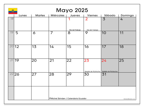Kalender til udskrivning, maj 2025, Ecuador (LD)