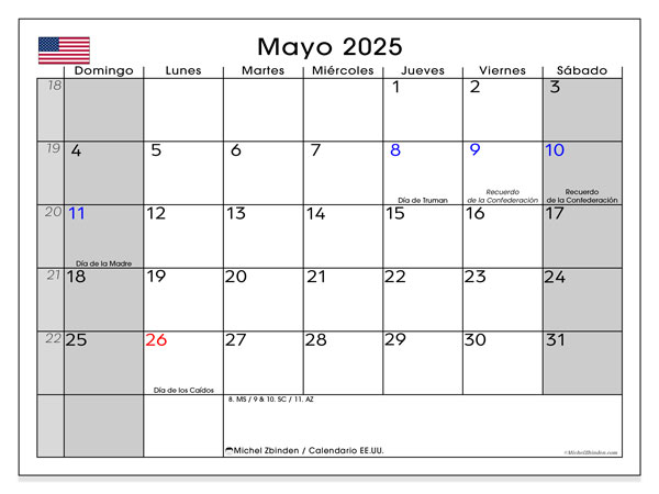 Kalender for utskrift, mai 2025, USA (ES)