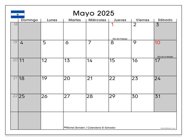 Calendrier à imprimer, mai 2025, El Salvador (DS)