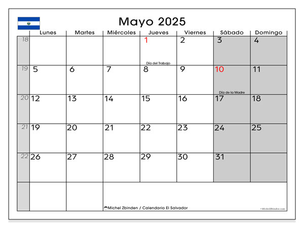 Calendario da stampare, maggio 2025, El Salvador (LD)