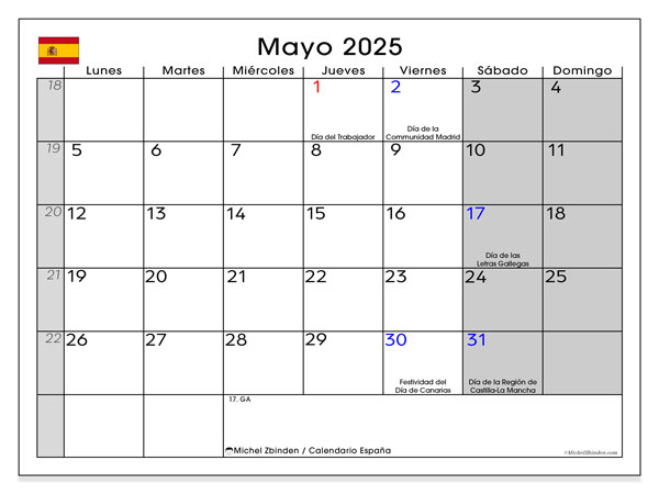 Calendario para imprimir, mayo 2025, España