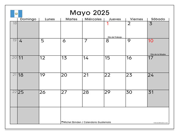 Kalender zum Ausdrucken, Mai 2025, Guatemala (DS)