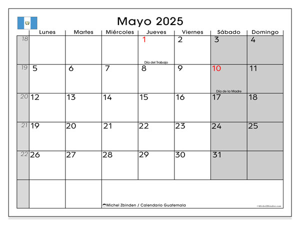 Kalender zum Ausdrucken, Mai 2025, Guatemala (LD)