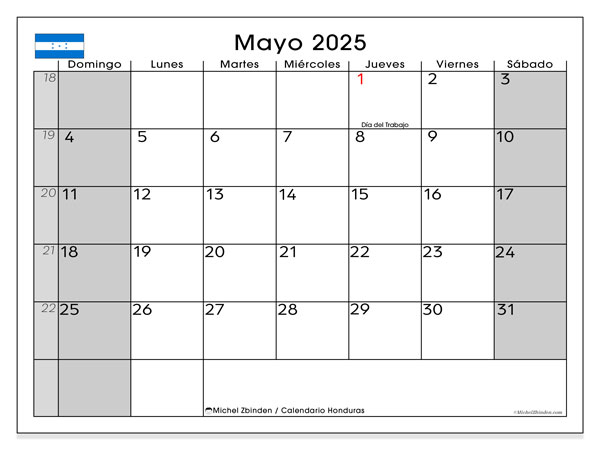 Calendario da stampare, maggio 2025, Honduras (DS)