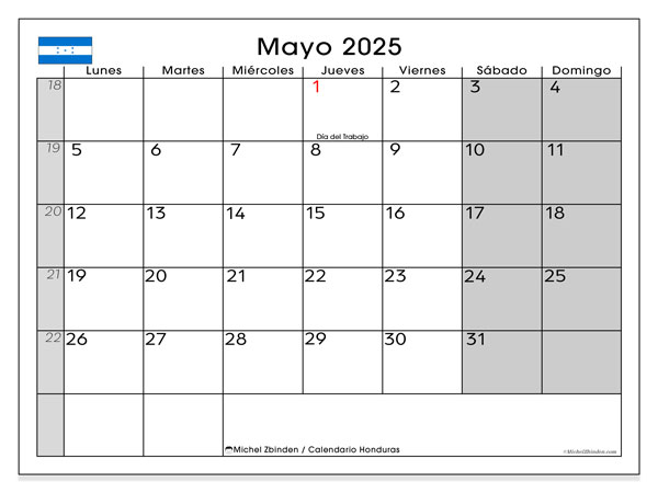 Kalender zum Ausdrucken, Mai 2025, Honduras (LD)