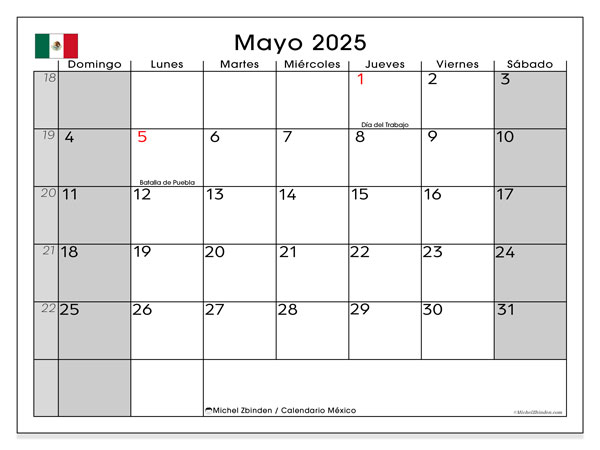 Kalender for utskrift, mai 2025, Mexico (DS)