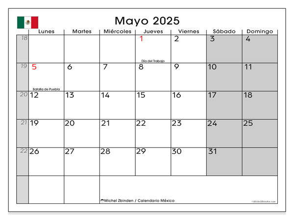 Calendrier à imprimer, mai 2025, Mexic (LD)