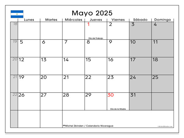 Calendario da stampare, maggio 2025, Nicaragua (LD)