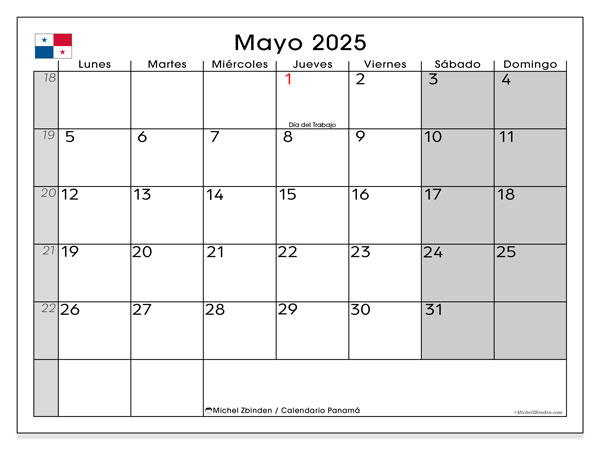 Calendario para imprimir, mayo 2025, Panamá (LD)