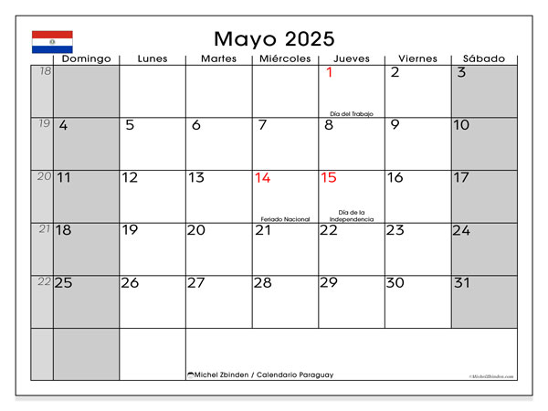 Kalendarz do druku, maj 2025, Paragwaj (DS)