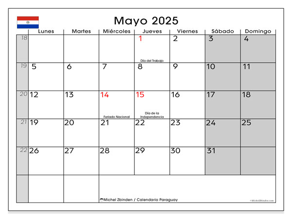 Kalender zum Ausdrucken, Mai 2025, Paraguay (LD)