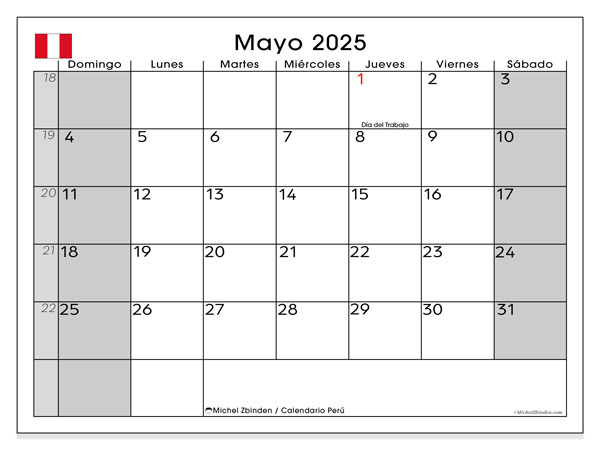 Kalender til udskrivning, maj 2025, Peru (DS)