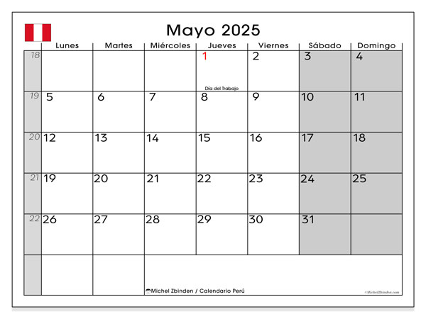 Tulostettava kalenteri, toukokuu 2025, Peru (LD)