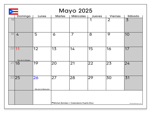 Kalender for utskrift, mai 2025, Puerto Rico