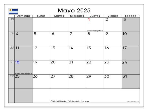 Kalender zum Ausdrucken, Mai 2025, Uruguay (DS)