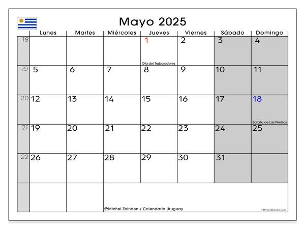 Kalendarz do druku, maj 2025, Urugwaj (LD)