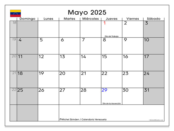 Calendrier à imprimer, mai 2025, Venezuela (DS)
