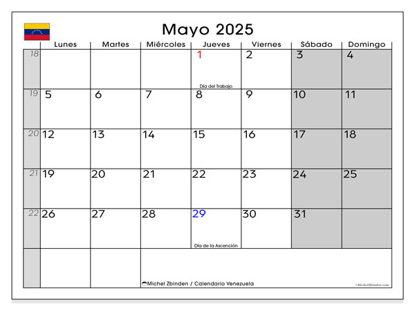 Calendrier à imprimer, mai 2025, Venezuela (LD)