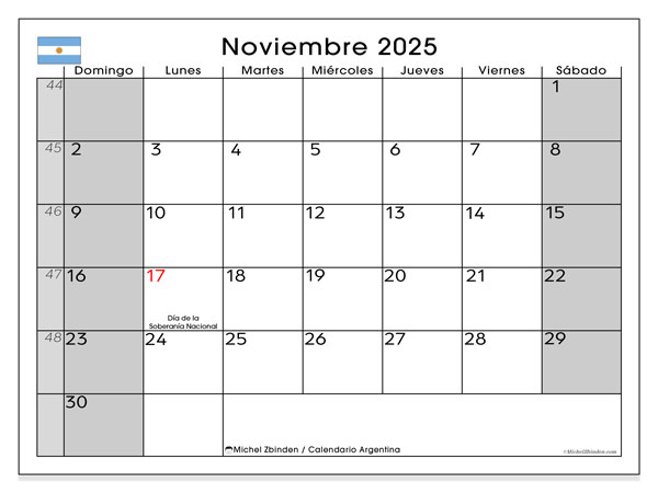 Kalender om af te drukken, november 2025, Argentinië (DS)