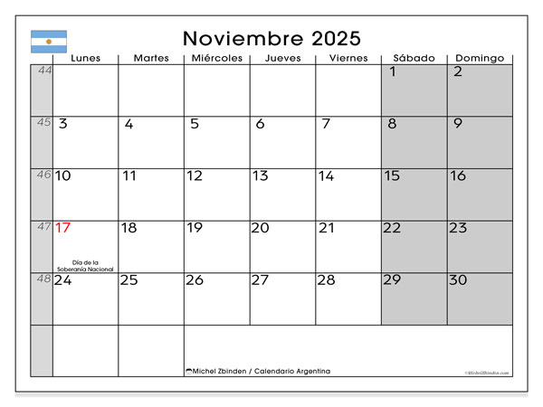 Kalendarz do druku, listopad 2025, Argentyna (LD)
