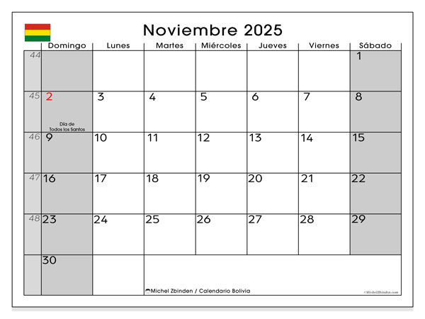 Kalender om af te drukken, november 2025, Bolivia (DS)