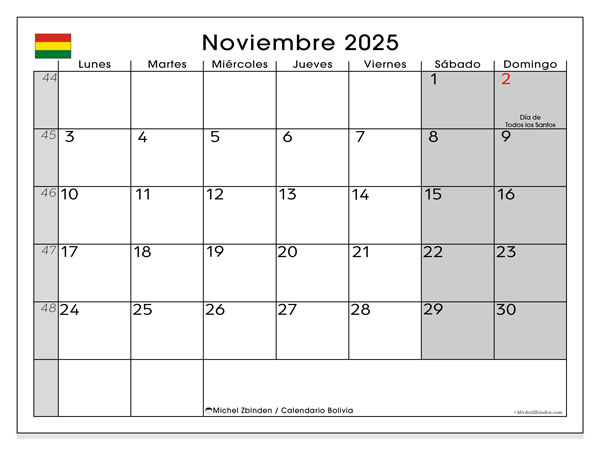 Calendario da stampare, novembre 2025, Bolivia (LD)