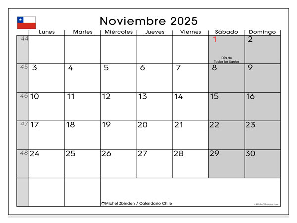 Tulostettava kalenteri, marraskuu 2025, Chile (LD)