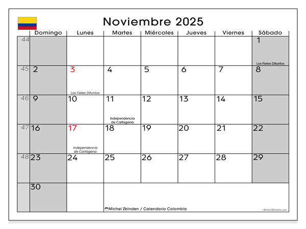 Kalender til udskrivning, november 2025, Colombia (DS)
