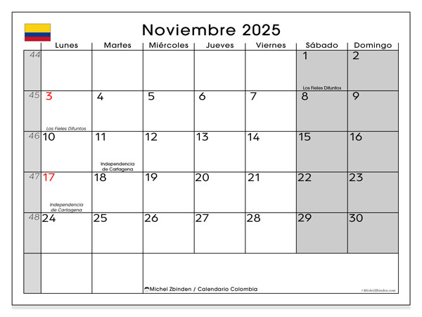 Kalendarz do druku, listopad 2025, Kolumbia (LD)