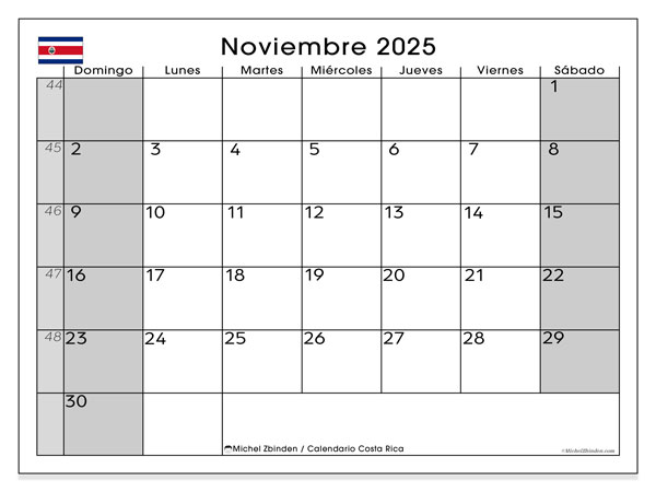 Kalendarz do druku, listopad 2025, Kostaryka (DS)
