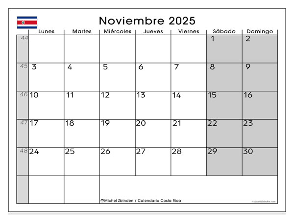 Kalender til udskrivning, november 2025, Costa Rica (LD)