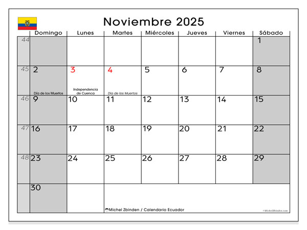 Kalender til udskrivning, november 2025, Ecuador (DS)