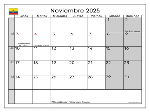 Kalendarz do druku, listopad 2025, Ekwador (LD)
