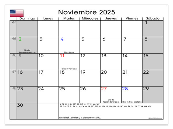 Kalendarz do druku, listopad 2025, USA (ES)