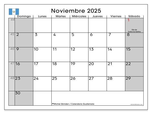 Calendario da stampare, novembre 2025, Guatemala (DS)