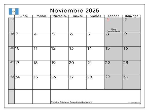 Kalendarz do druku, listopad 2025, Gwatemala (LD)