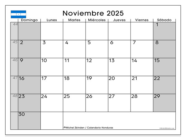 Calendrier à imprimer, noiembrie 2025, Honduras (DS)