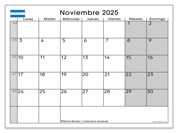 Kalender om af te drukken, november 2025, Honduras (LD)