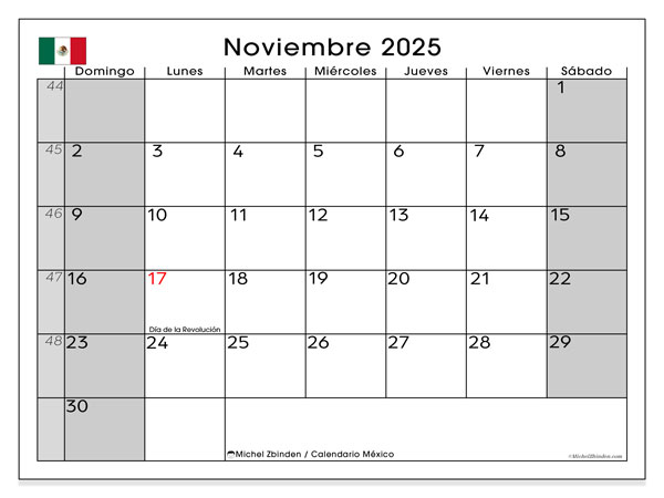Kalender zum Ausdrucken, November 2025, Mexiko (DS)