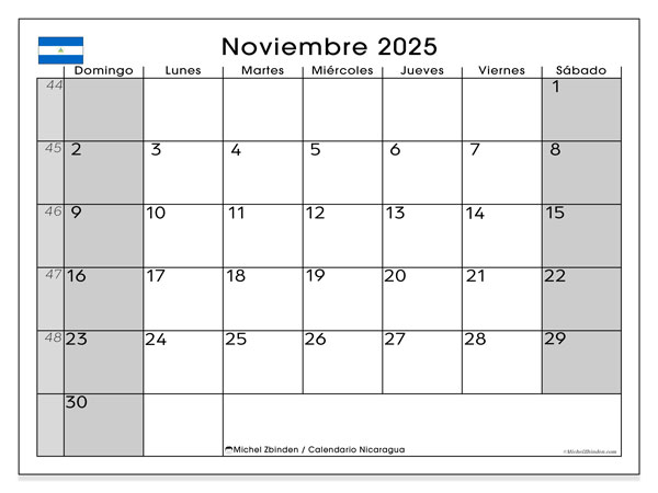 Kalendarz do druku, listopad 2025, Nikaragua (DS)