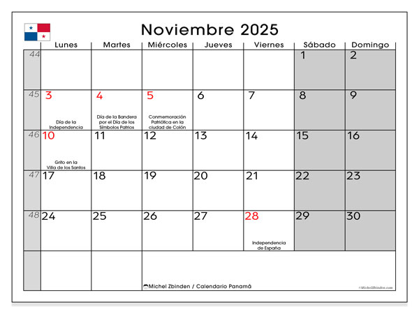 Calendario para imprimir, noviembre 2025, Panamá (LD)