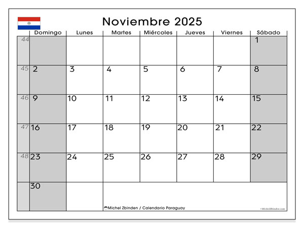 Kalender til udskrivning, november 2025, Paraguay (DS)