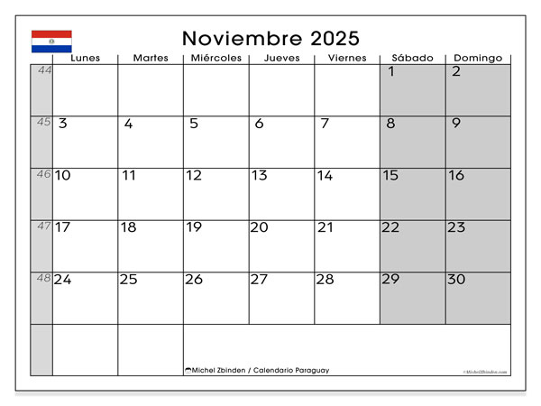 Kalendarz do druku, listopad 2025, Paragwaj (LD)