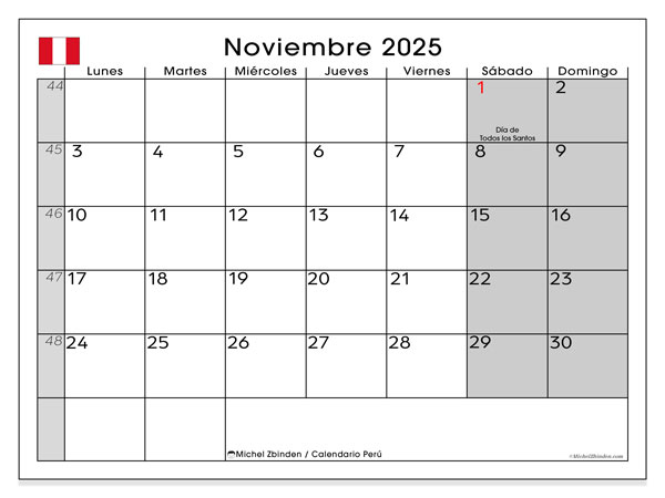 Kalendarz do druku, listopad 2025, Peru (LD)