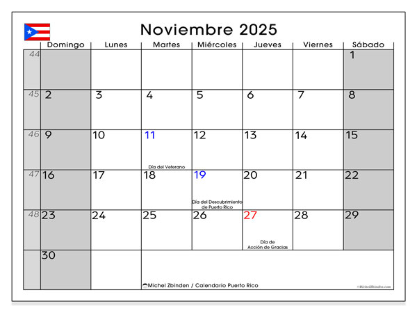 Kalendarz do druku, listopad 2025, Puerto Rico