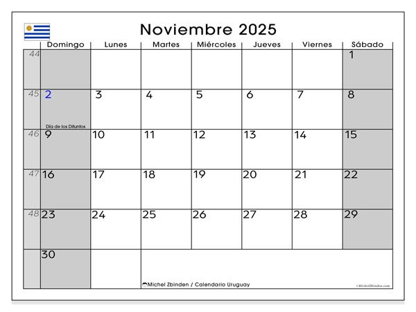 Tulostettava kalenteri, marraskuu 2025, Uruguay (DS)